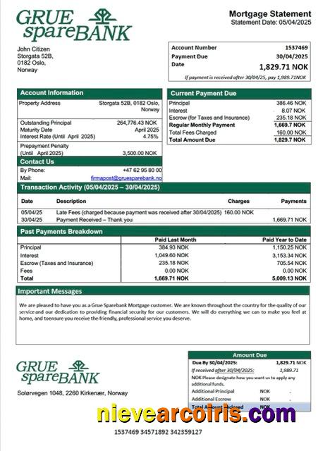 Norway Grue Sparebank mortgage statement Word and PDF template